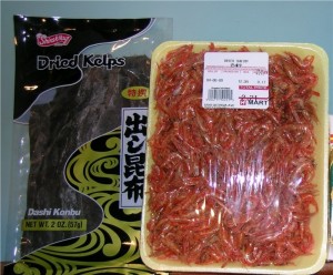 Packages of dried kelp and shrimp